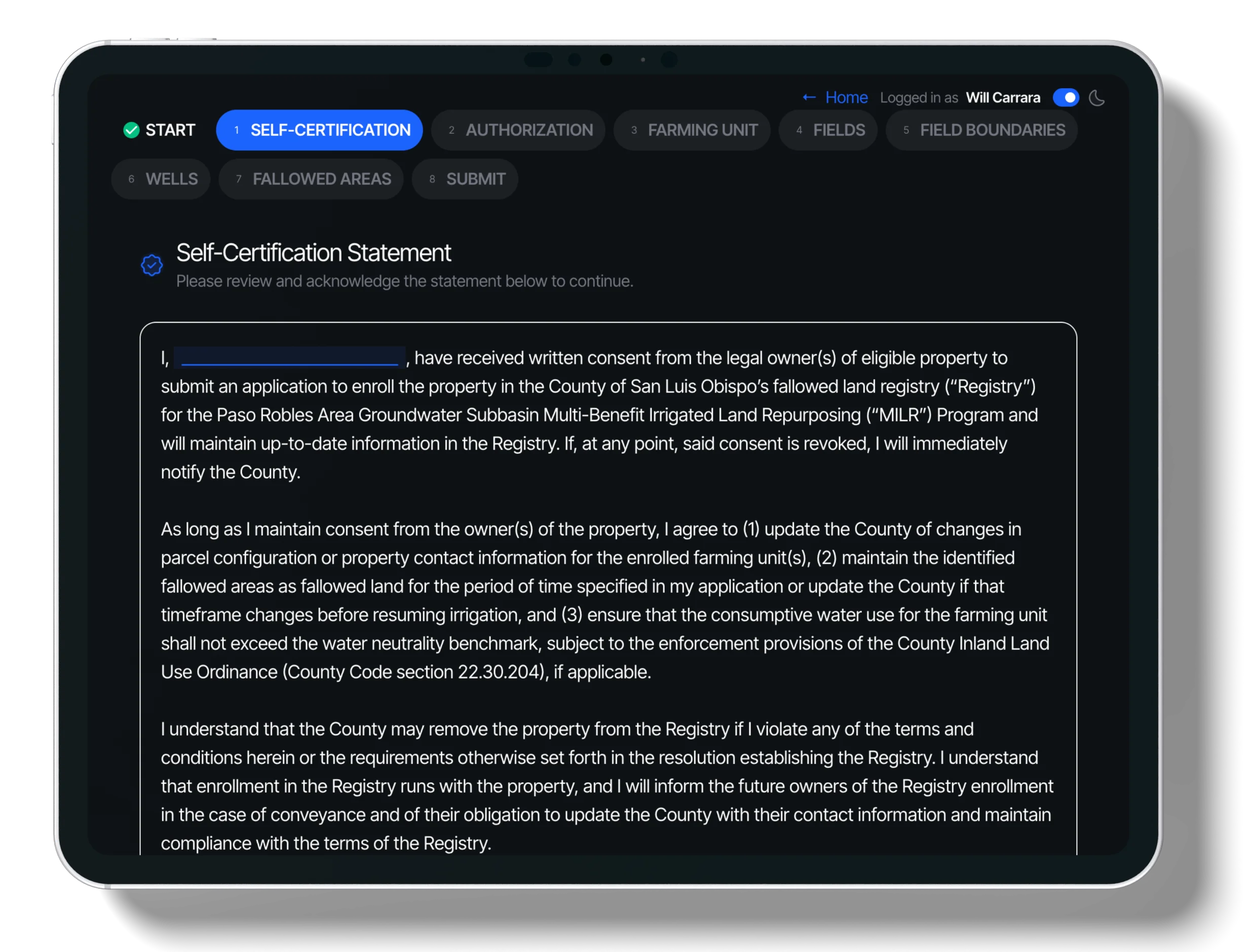 Step 1: Self-Certification screenshot